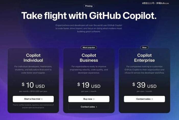 ▲GitHub Copilot的价格表