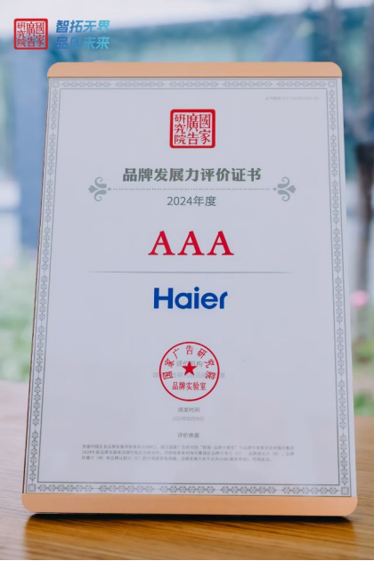 图为海尔集团品牌发展力评价证书