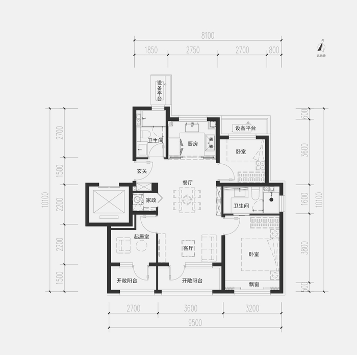 建面约90㎡三室户型图