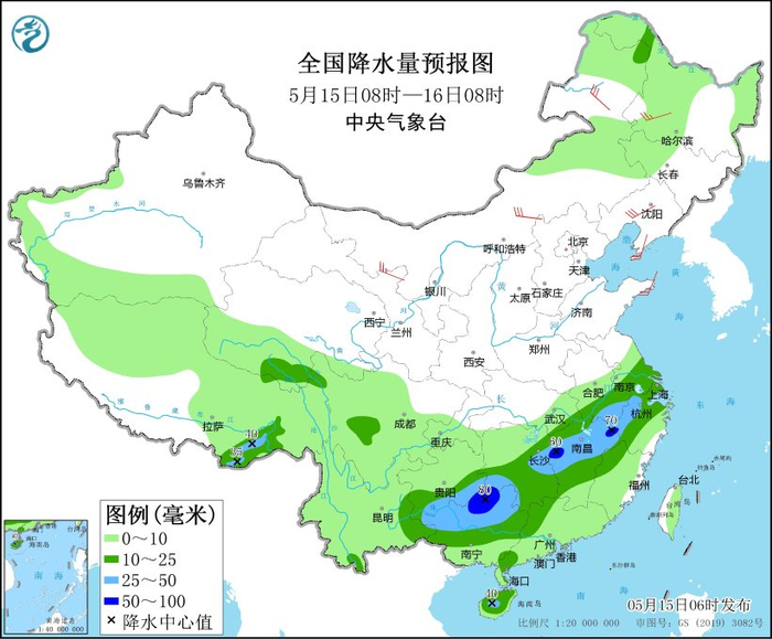 图1 全国降水量预报图（5月15日08时-16日08时）