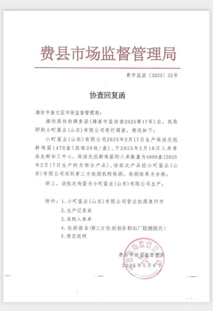 费县市场监督管理局协查回复函。 受访者供图