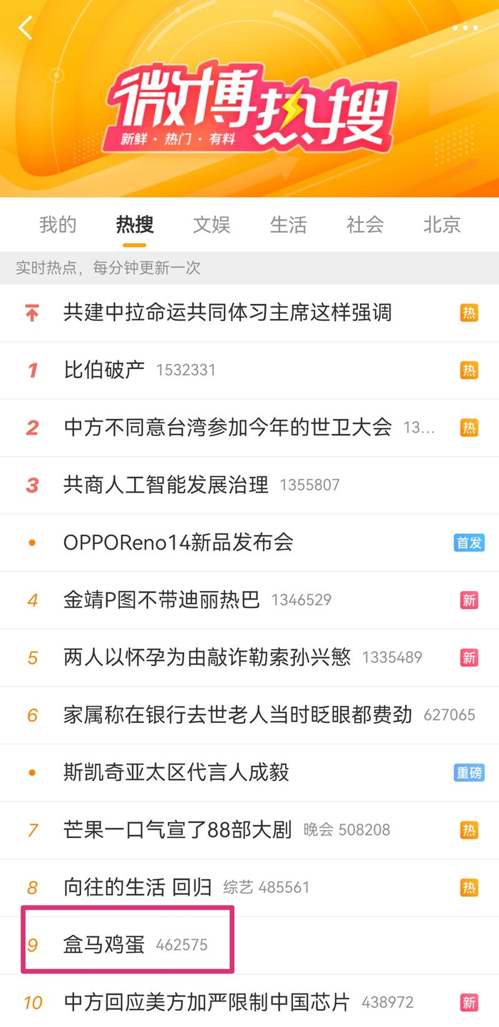 “盒马鸡蛋”被讨论至热搜前十。 微博截图