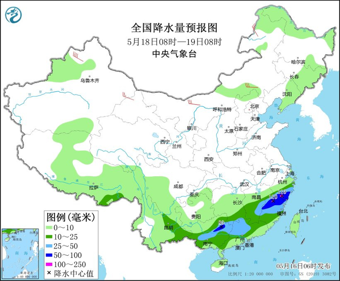 图5 全国降水量预报图（5月18日08时-19日08时）