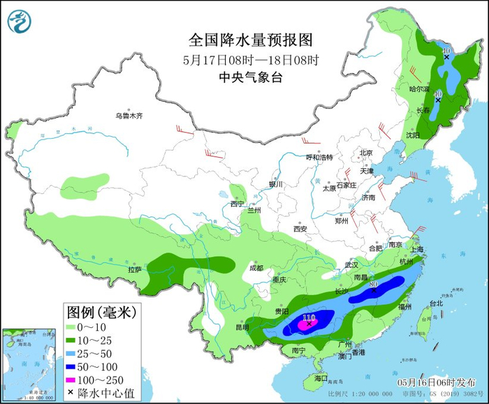 图4 全国降水量预报图（5月17日08时-18日08时）