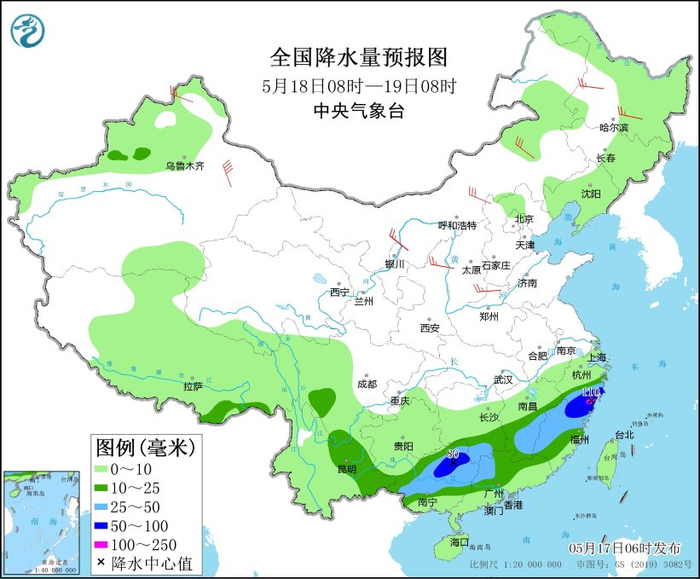 图3 全国降水量预报图（5月18日08时-19日08时）