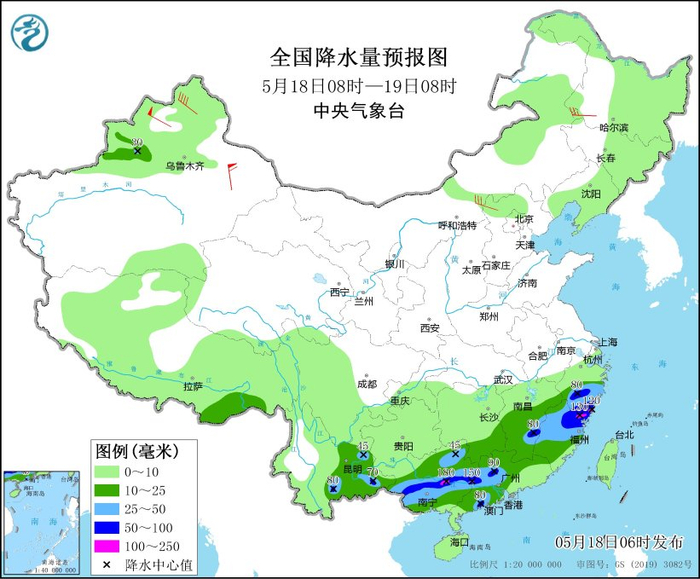 图3 全国降水量预报图（5月18日08时-19日08时）