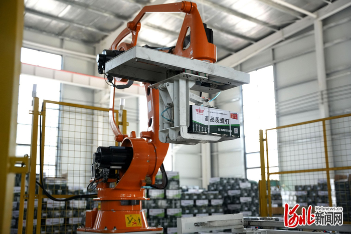 5月12日，河北隆尧青龙剑钉业有限公司打包车间，机械臂正在自动码垛。 河北日报记者闫德见摄