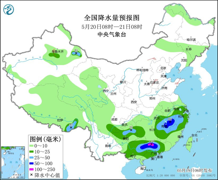 图3 全国降水量预报图（5月20日08时-21日08时）