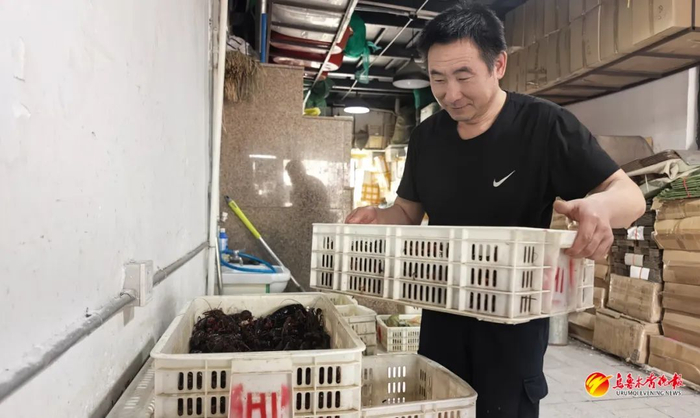 5月19日，在北园春市场海鲜交易区，工作人员王战宏正在准备发货鲜活小龙虾。 