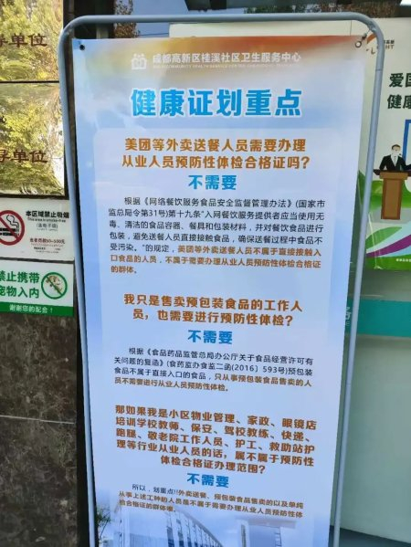 成都一家社区医院提示 外卖员无需办理健康证