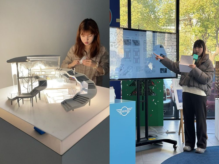 图:Leni在制作毕业展模型,以及在校企合作教育项目宝马MINI旗舰店上介绍自己的作品