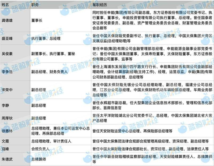 （申能财险高级管理层；制图：蓝鲸新闻）