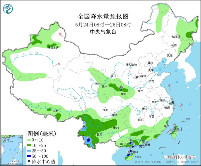 图1 全国降水量预报图（5月24日08时-25日08时）