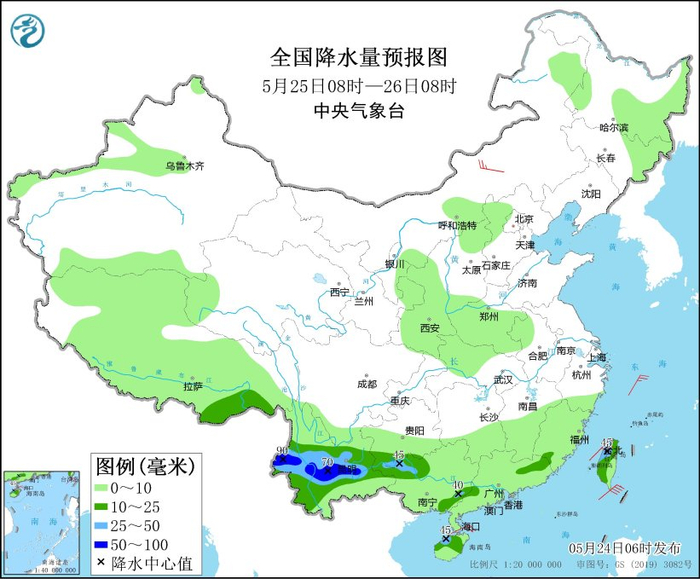 图2 全国降水量预报图（5月25日08时-26日08时）