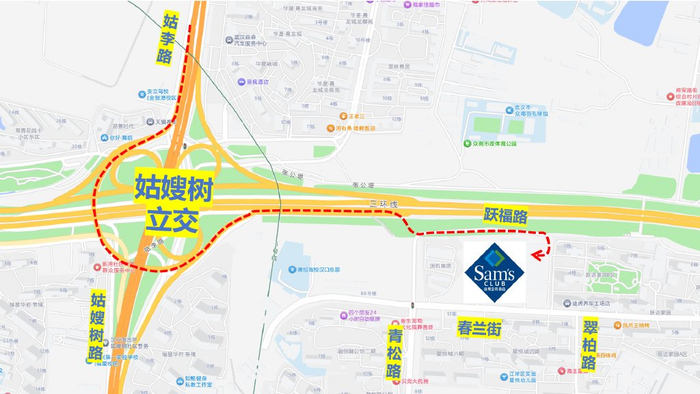 ​从青山、长江新区、北后湖片过来的车辆可以行驶至三环线至姑嫂树立交东侧辅道调头，右转经过跃福路进入山姆停车场。