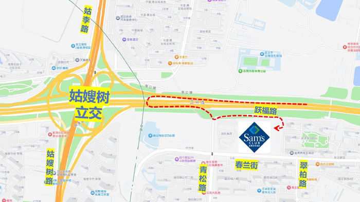 ​从硚口、常青片区过来的车辆可以行驶至姑嫂树路至和谐大道左转，至青松路口左转，最后右转经过跃福路进入山姆停车场。