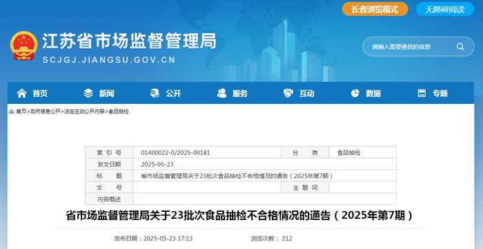 省市场监督管理局关于23批次食品抽检不合格情况的通告（2025年第7期）