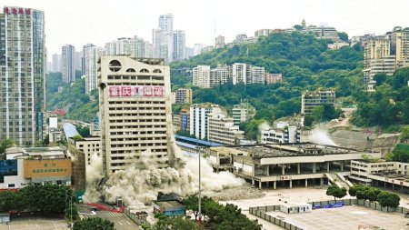 重庆站标志性建筑华铁宾馆爆破拆除瞬间。马嘉豪摄