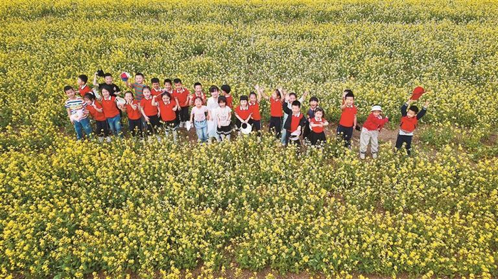     学生在刘街乡李家口村的油菜花田内开展研学活动。