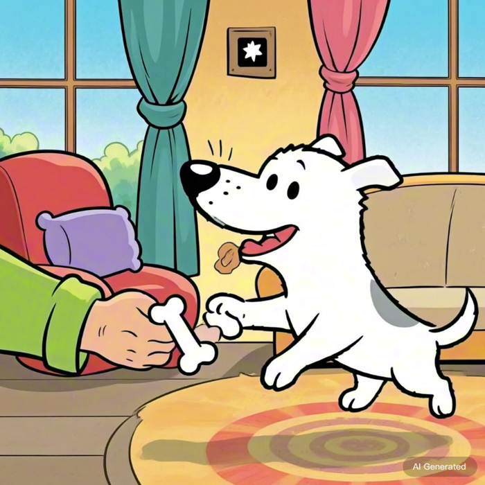 用骨头训练小狗握手是一种简单的正向反馈。图片由AI生成