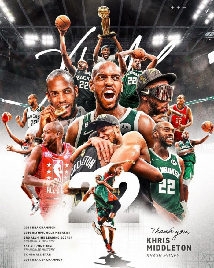 直播吧5月27日讯 雄鹿自媒体晒出米德尔顿雄鹿时期的海报图，并问道：“米德尔顿的雄鹿球衣是否应该被退役？”