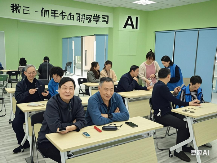 注：老人在课堂现场，用豆包即兴创作的“我们一起学习AI”图片