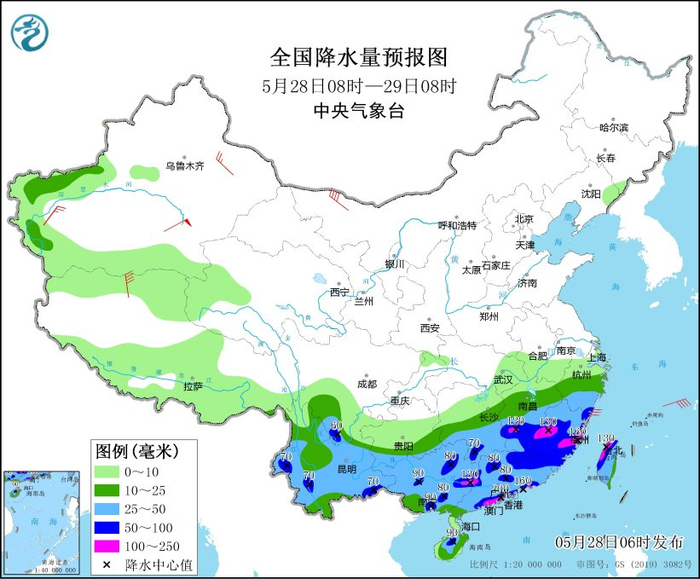 图2 全国降水量预报图（5月28日08时-29日08时）