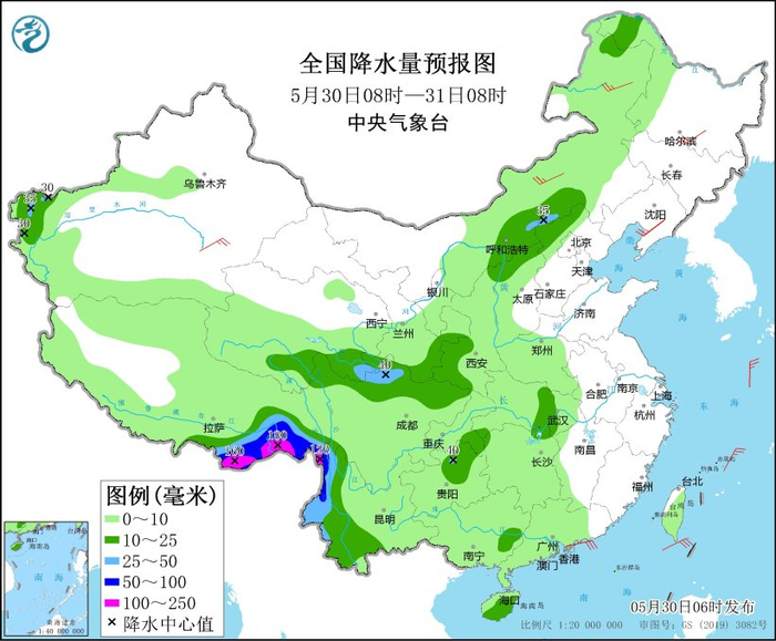 图1 全国降水量预报图（5月30日08时-31日08时）