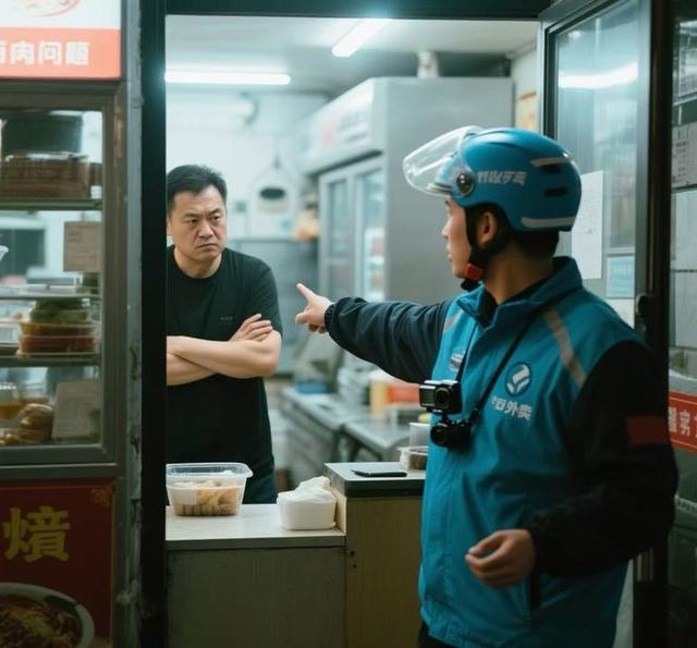 骑手和商家在送餐过程中对峙。 图为AI虚构制图