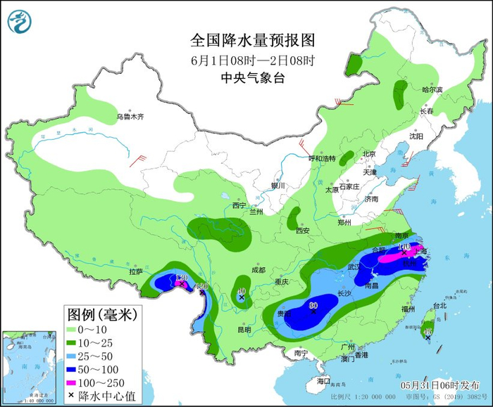 图3 全国降水量预报图（6月1日08时-2日08时）