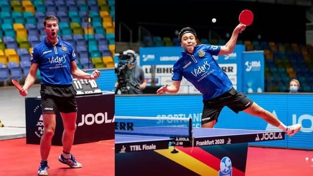 2000年在德甲联赛中，弗朗西斯卡（左）为尚坤（右）战胜对手欢呼——萨尔布吕肯乒乓球俱乐部官方图