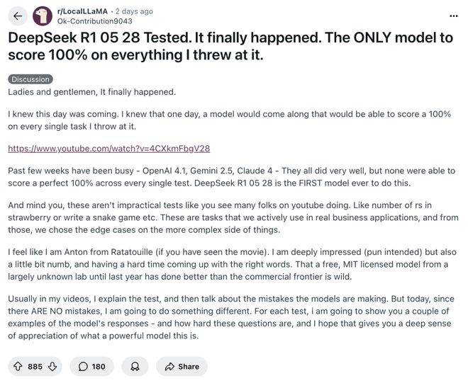 reddit 社区关于 DeepSeek 更新的帖子｜图片来源：reddit