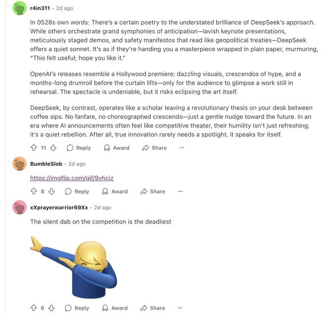 reddit 社区关于 DeepSeek 更新的帖子｜图片来源：reddit