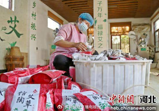 图为村民在加工艾草足浴包。 郭江鹏 摄