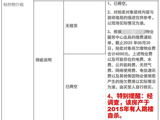 ▲标的物介绍中的醒目“特别提醒”。截图自拍卖平台