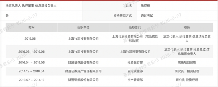 中基协官网显示的乐征楠工作履历