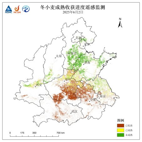 图1 6月2日FY-3D卫星遥感监测冬小麦收获进度图