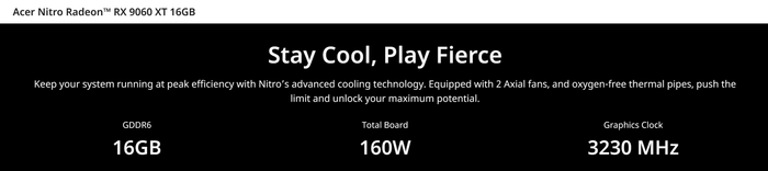 ▲ 宏碁暗影骑士 Nitro RX 9060 XT 16GB 参数
