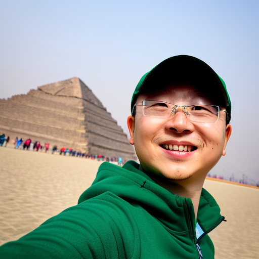 陈罡使用自研的文生图功能生成与金字塔合影。图片来源：受访者提供