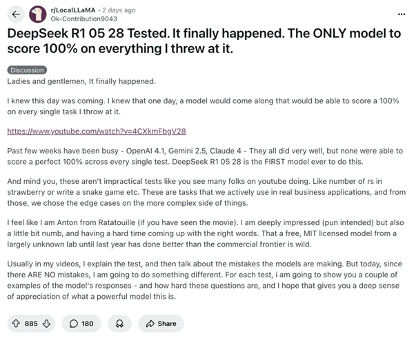 reddit 社区关于 DeepSeek 更新的帖子｜图片来源：reddit  
