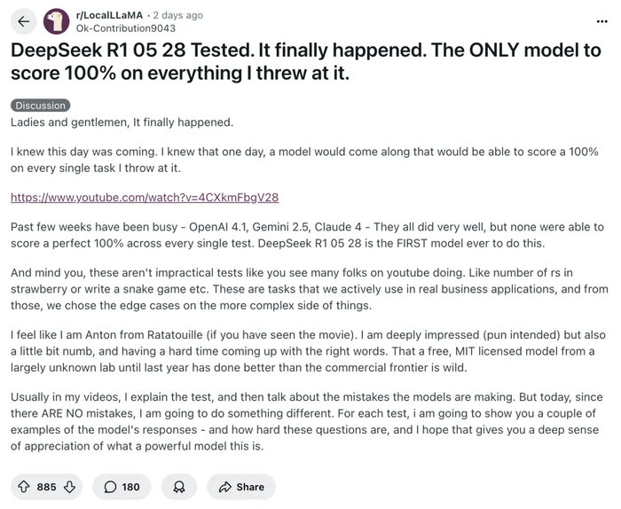 reddit 社区关于 DeepSeek 更新的帖子｜图片来源：reddit 