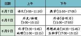 普通高考各科目考试时间
