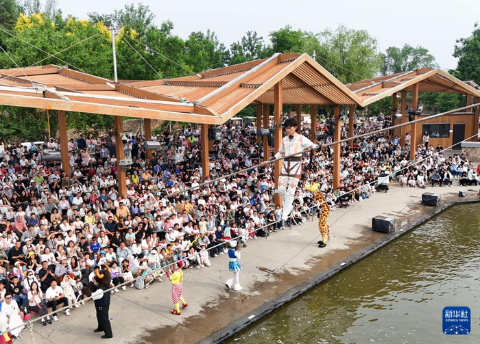 5月31日，游客在河北省秦皇岛市北戴河新区渔田七里海度假区观看杂技演出（无人机照片）。  新华社记者 杨世尧 摄