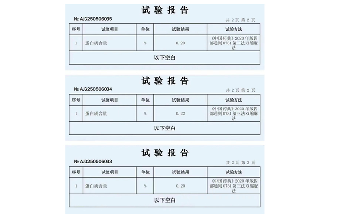 可复美胶原棒1.0 B检测机构双缩脲法定量检测结果。图/巨子生物微信公众号截图