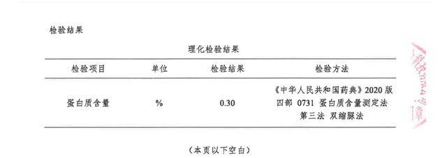 可复美胶原棒2.0 D检测机构双缩脲法定量检测结果。图/巨子生物微信公众号截图