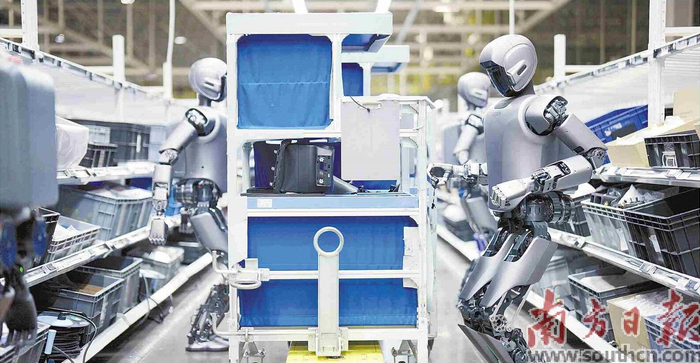 　　优必选工业人形机器人在工厂开展协同实训。 南方日报记者 朱洪波 通讯员 罗艳 摄