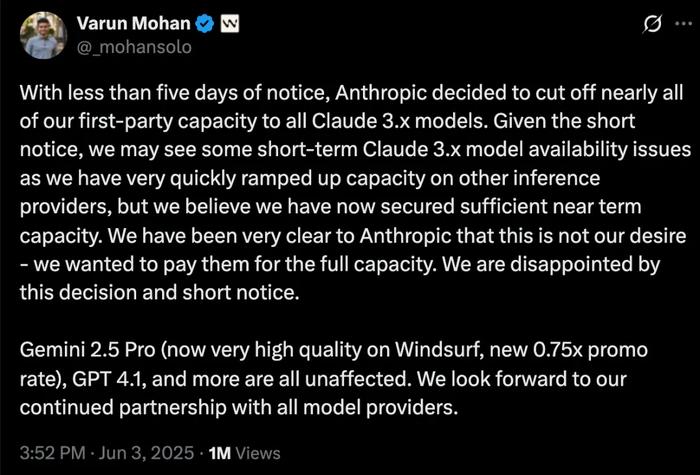 Windsurf CEO 抱怨 Anthropic 断供 Claude 模型|图片来源:X