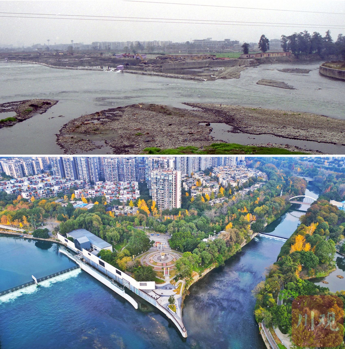 昔日烂河滩的沙河与锦江合流处（上图摄于 2001年），于 2022年6月变身为凤升台小游园（下图摄于 2022年6月）。