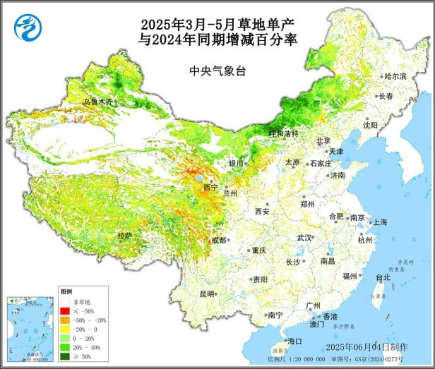 图4 2025年春季全国草地产草量与2024年同期增减百分率