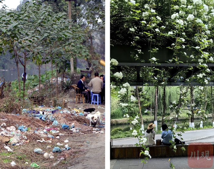 昔日垃圾遍地的沙河岸边（左图摄于 2001年），如今已成为市民的休闲之地（右图摄于 2024年4月）。